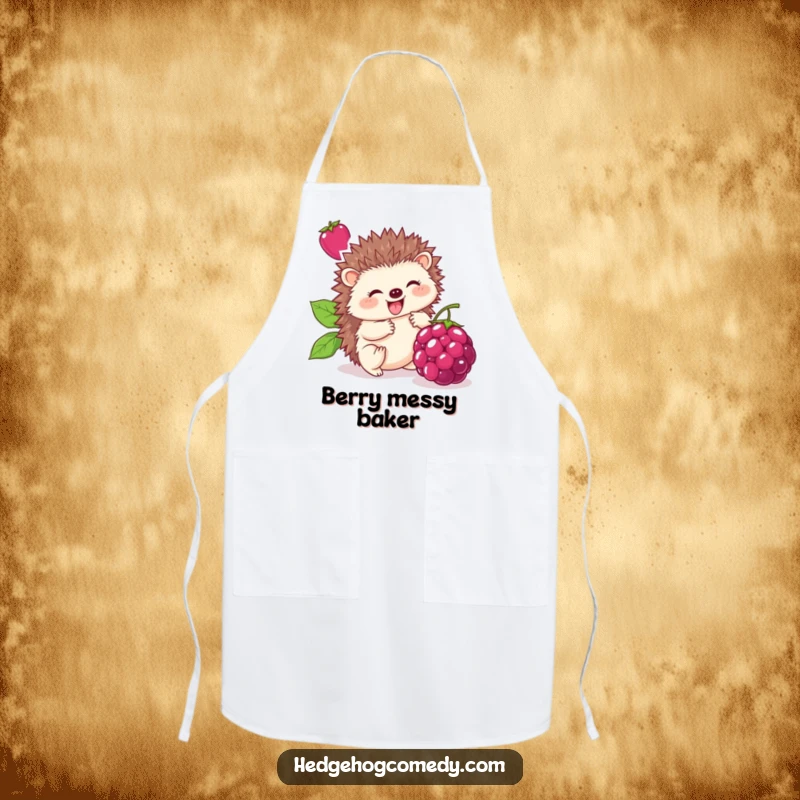 Funny apron design of a cute hedgehog rolling a large berry, adding a humorous and charming touch to kitchen wear.
