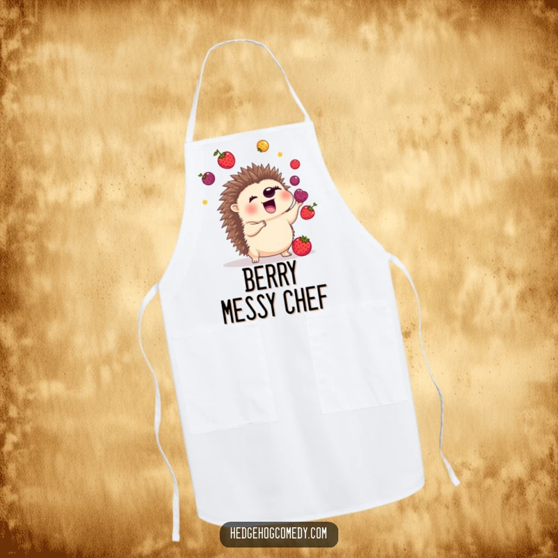 Funny apron depicting an excited hedgehog juggling colorful berries with its quills, ready to keep you clean with a touch of flair.