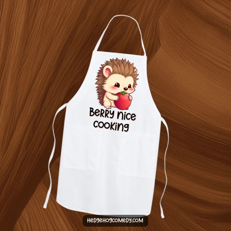 Funny apron depicting a timid hedgehog holding a large berry under its chin.
