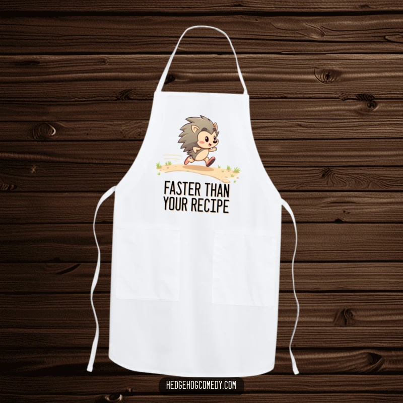 Funny apron with an energetic hedgehog character zipping with glee, ready for kitchen adventures with a humorous touch.