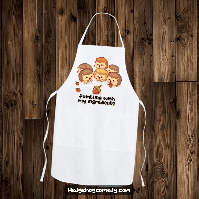 Funny hedgehogs in a kitchen setting, excitedly chasing acorns while wearing a chef hat, a humorous apron.