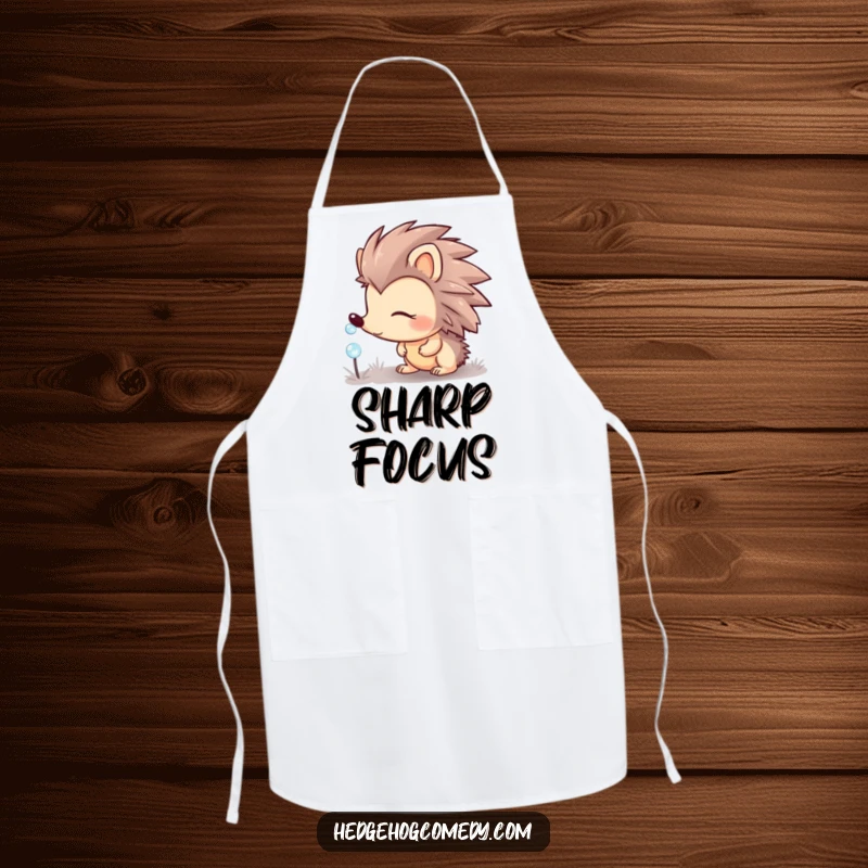 Funny hedgehog character looking curious at a sparkling dewdrop on a functional apron, ideal for cooking.
