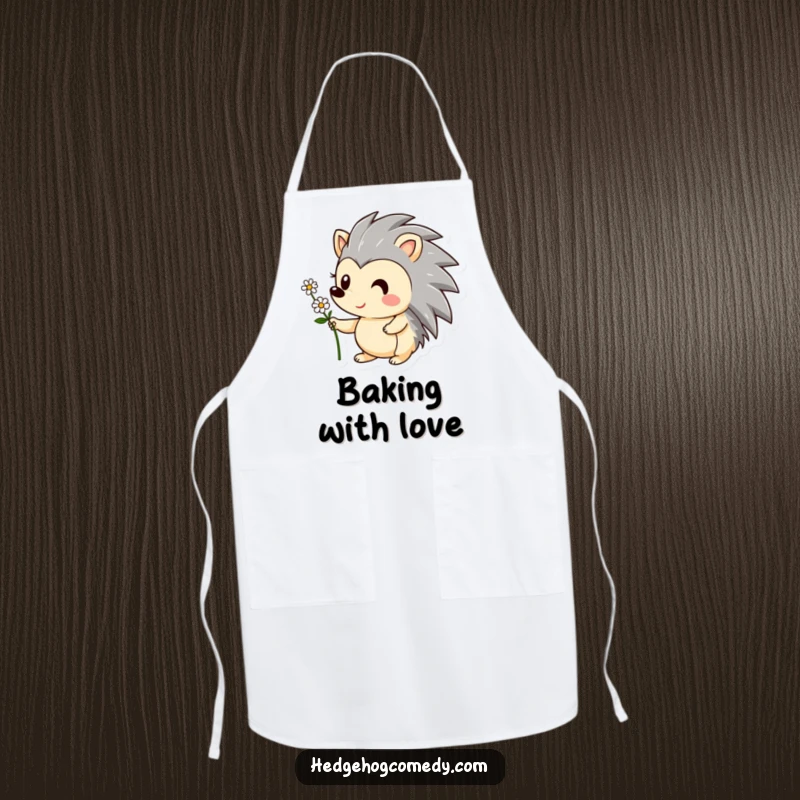 Funny apron featuring a smiling hedgehog character offering a small flower. Ideal for culinary fun and a cute, humorous gift.