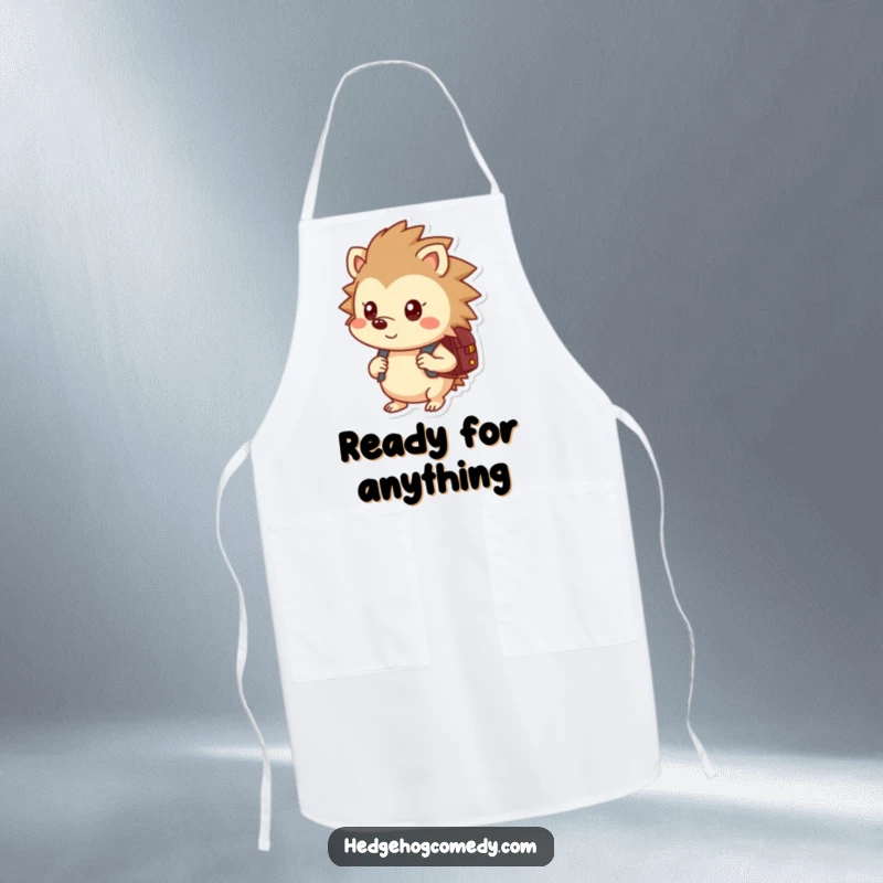 Funny cooking apron featuring a curious hedgehog with a backpack, ideal for kitchen escapades with a humorous flair.