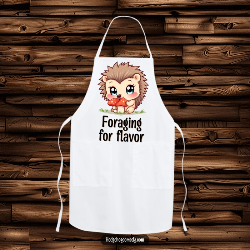 Funny apron depicting a curious hedgehog sniffing a mushroom, eyes wide.