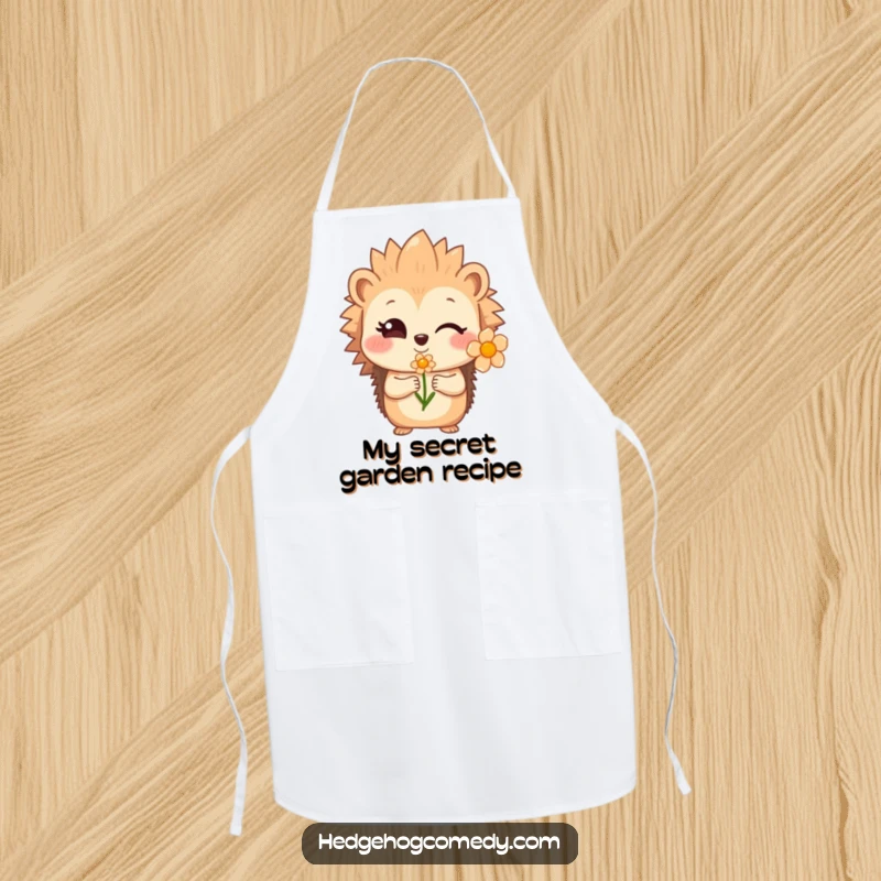 Funny shy hedgehog winking and offering a flower, a funny apron for kitchen or garden fun.