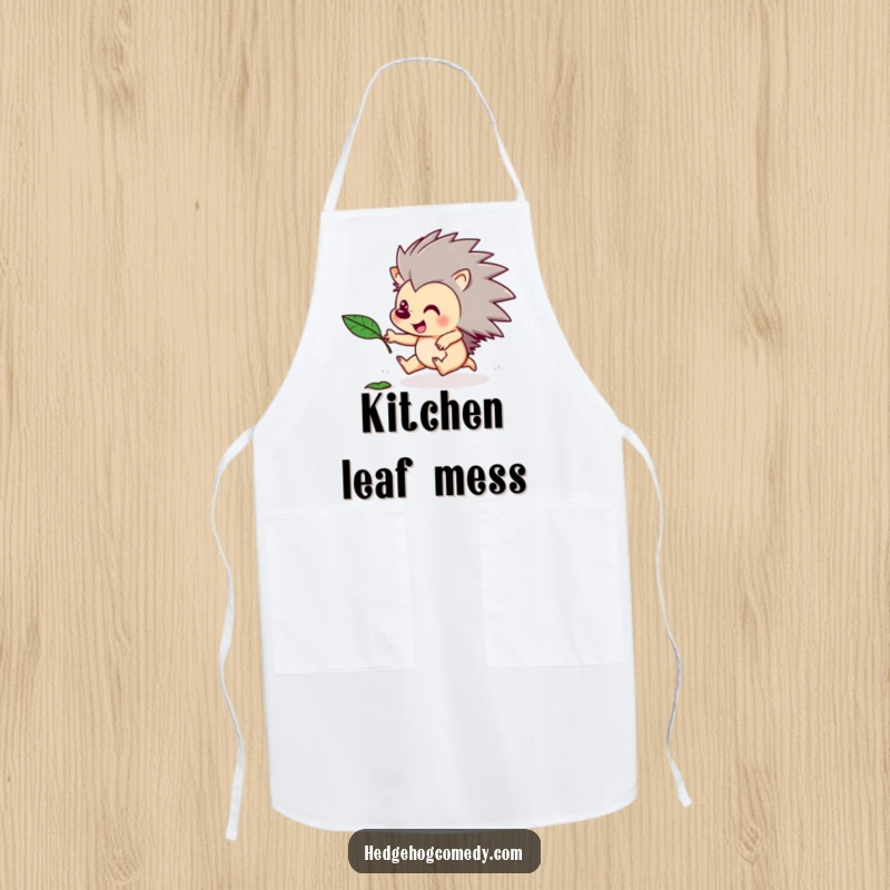 Funny apron featuring a hedgehog character excitedly chasing a floating leaf. Playful and humorous kitchen wear.