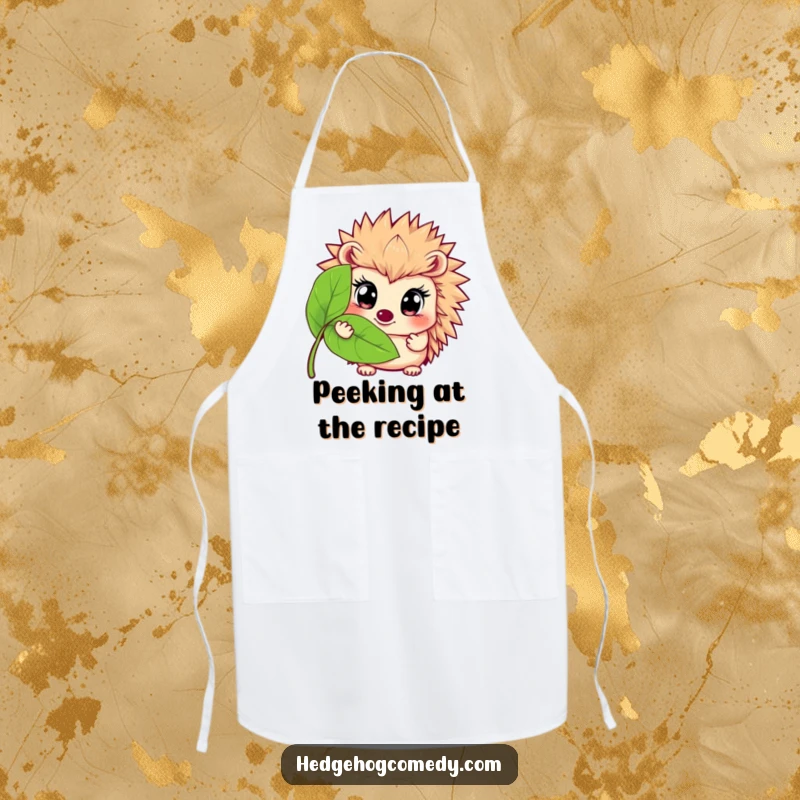 Funny apron design of a hedgehog with wide eyes peeking from behind a leaf, adding a humorous and shy touch to kitchen wear.