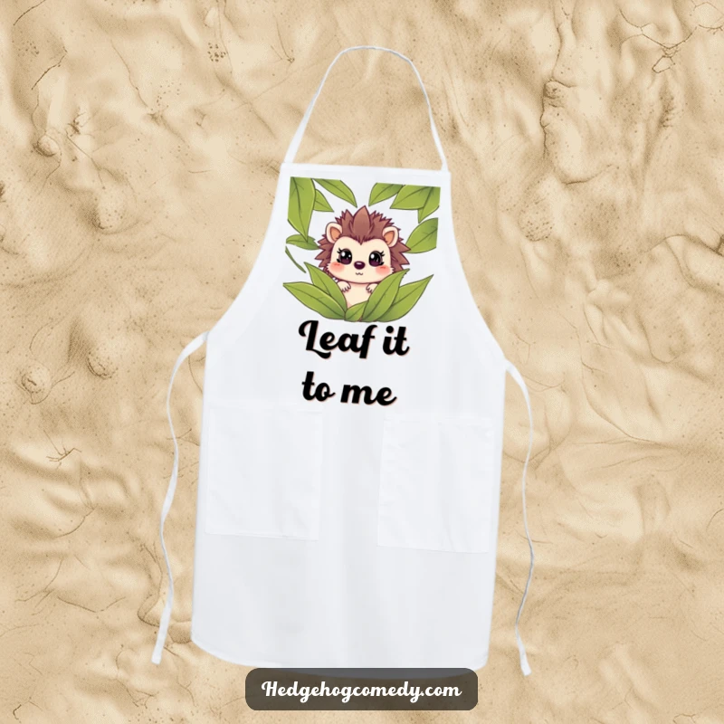 Funny hedgehog peeking from leaves with a surprised expression on a kitchen apron, adding humor to cooking and baking tasks.