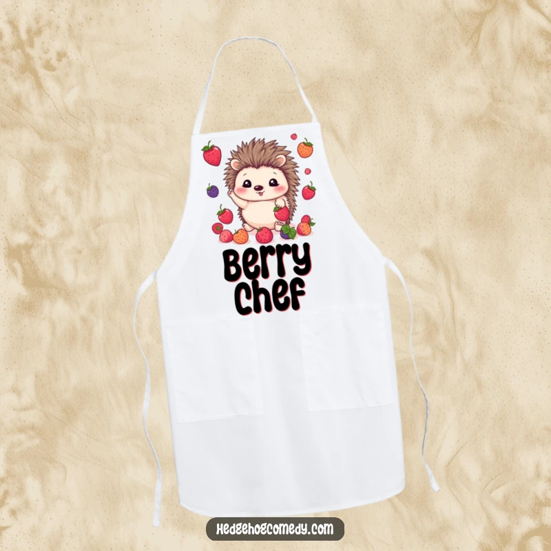 Funny kawaii hedgehog apron showing a cute hedgehog happily juggling bright berries, ready for culinary adventures.