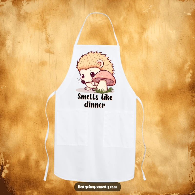 Funny Kawaii Hedgehog Apron: Curious mushroom sniffing with innocent eyes, bringing a touch of gentle humor to the kitchen. Great funny gift.
