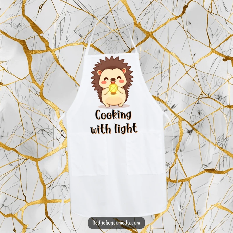 Funny Kawaii Hedgehog Apron: A happy hedgehog holds a glowing lantern, adding a touch of joyous humor to your kitchen attire.