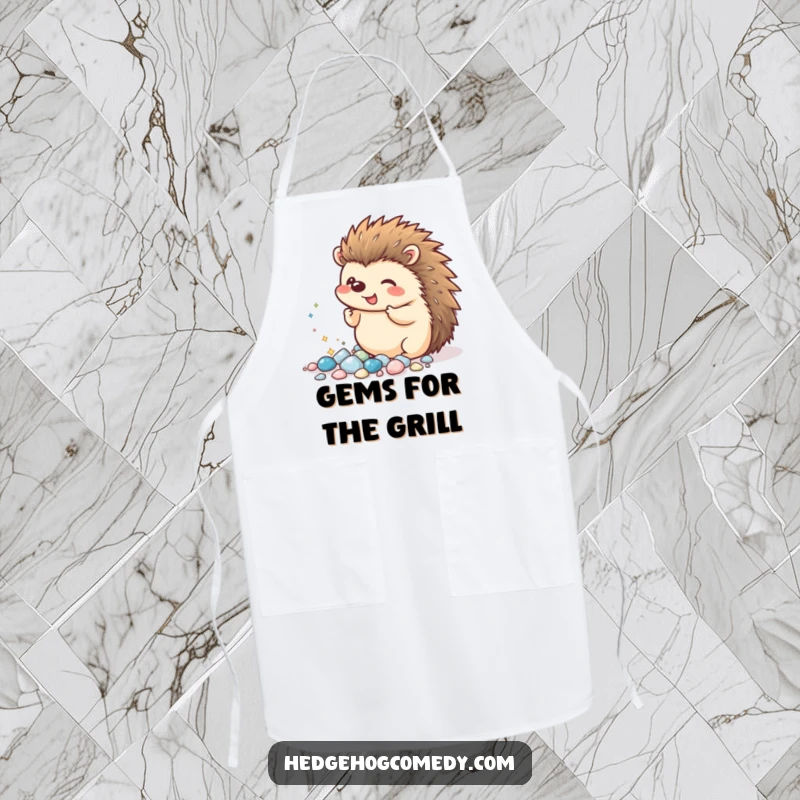 Funny Kawaii Hedgehog Apron: An excited hedgehog proudly shows off its collection of tiny, sparkling pebbles, adding playful humor to kitchen wear.