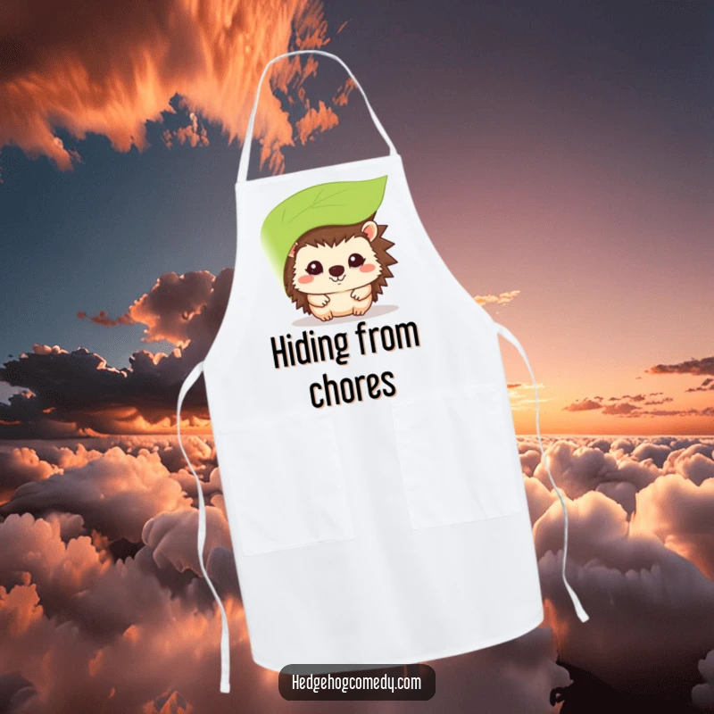 Funny kawaii hedgehog apron, peeking from behind a leaf with a shy smile, a cute addition to kitchen wear.