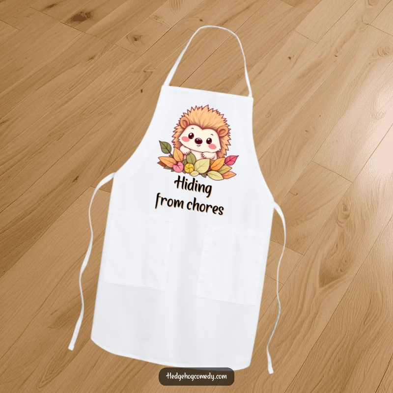 Funny Apron depicting a cheerful Kawaii hedgehog peeking with a smile from a pile of autumn leaves, ready for kitchen fun.