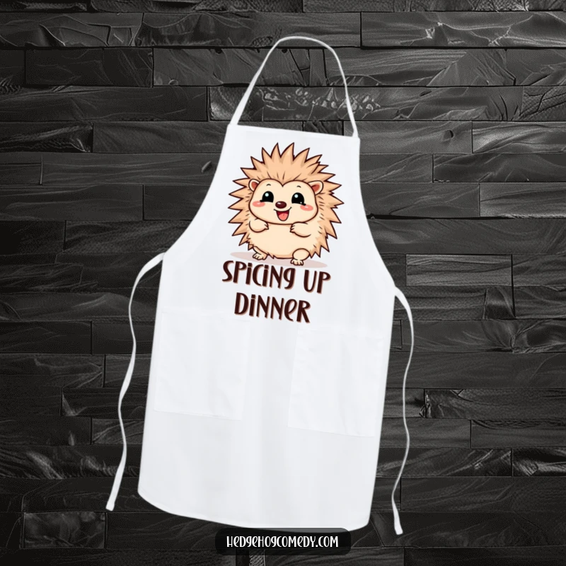 Funny Apron depicting a cheerful Kawaii hedgehog wiggling playfully and unfurling its soft spines, ready for kitchen fun.