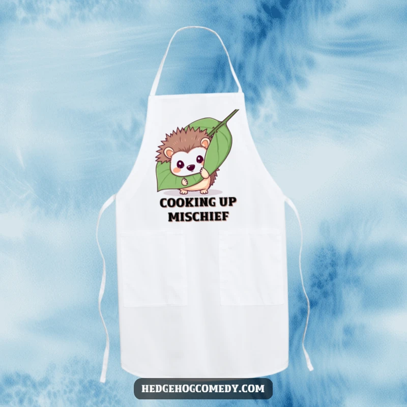 Funny mischievous hedgehog hiding behind a leaf on an apron, adding playful mystery to the kitchen, great funny gift.