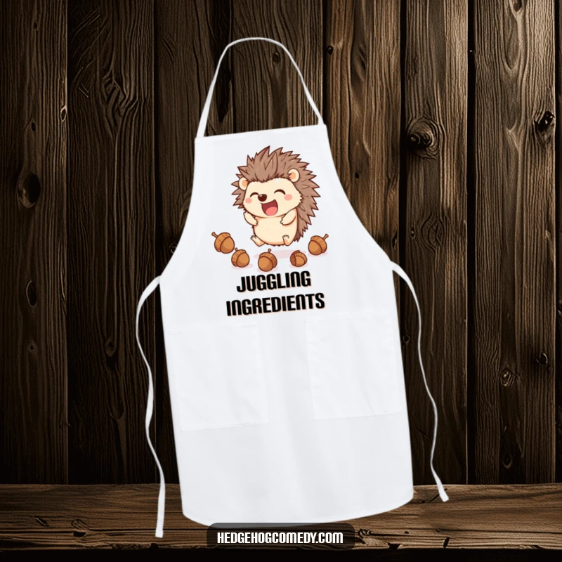 Funny cute kawaii hedgehog juggling acorns with its feet, ideal funny gift for cooks.