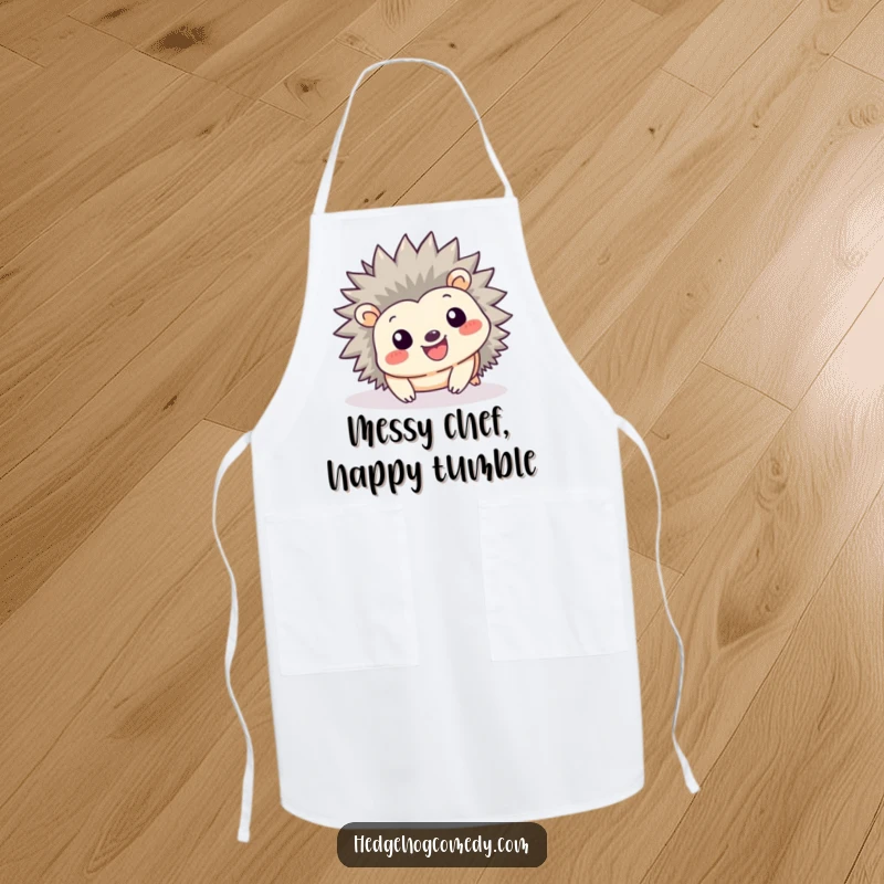 Funny Kawaii Hedgehog Apron: A cute hedgehog with a big smile playfully tumbles forward on this fun kitchen apron.