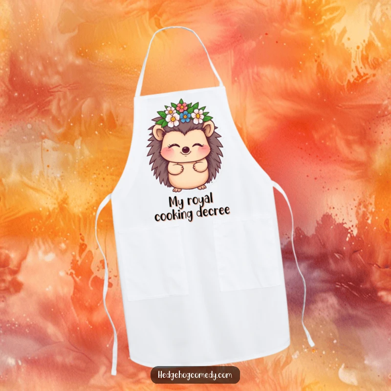 Funny Hedgehog Apron showing a hedgehog character winking and wearing a tiny flower crown, bringing regal humor to cooking.