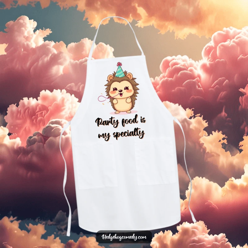 Funny hedgehog wearing a party hat blowing a streamer, a funny apron for kitchen fun and gifts.