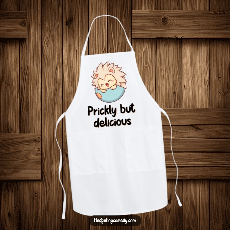 Funny apron with a joyful hedgehog character rolling into a ball, perfect for cozy activities and a humorous gift.