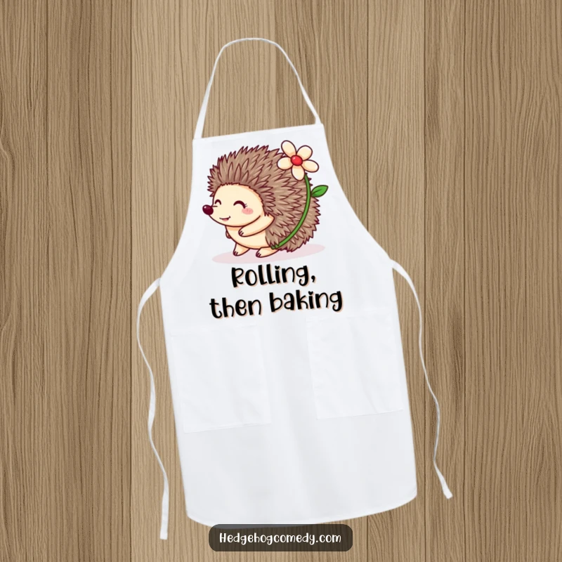 Funny Hedgehog Apron showing a happy hedgehog rolling with a flower on its back, ideal for kitchen fun and humorous cooking.