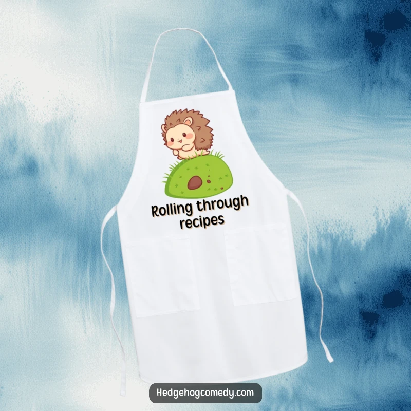 Funny Kawaii Hedgehog Apron showing a happy hedgehog character rolling down a hill, adding humor to kitchen activities.