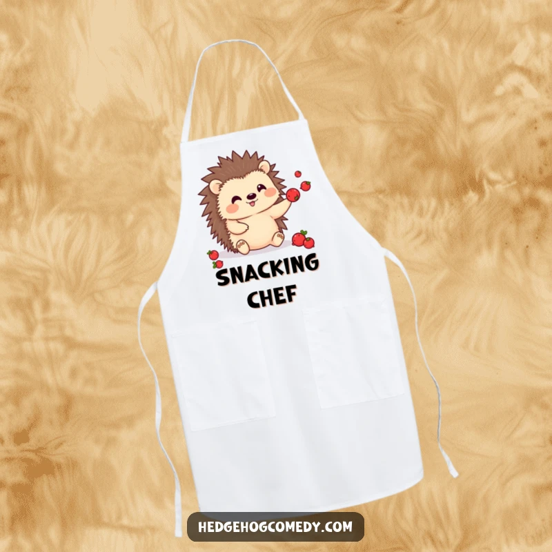 Funny kawaii hedgehog apron, juggling berries, a cute and skilled character ready for kitchen adventures.
