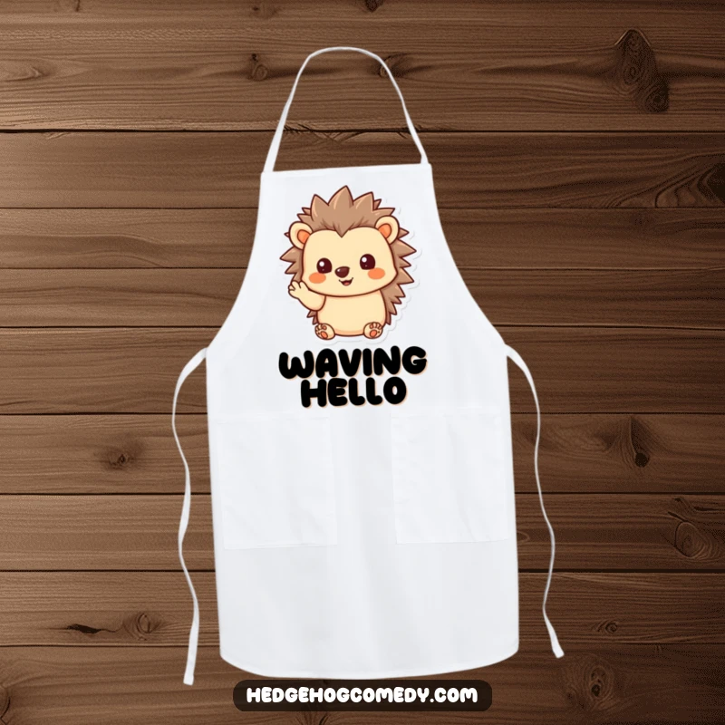 Funny Kawaii Hedgehog Apron, giving a gentle wave, ideal for hosts and anyone who appreciates humorous and friendly kitchen wear.