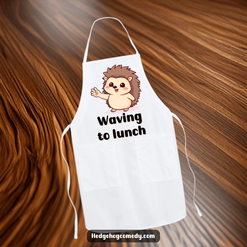 Funny cute kitchen apron featuring a happy hedgehog waving hello, great for cooks and bakers who love a touch of humor.