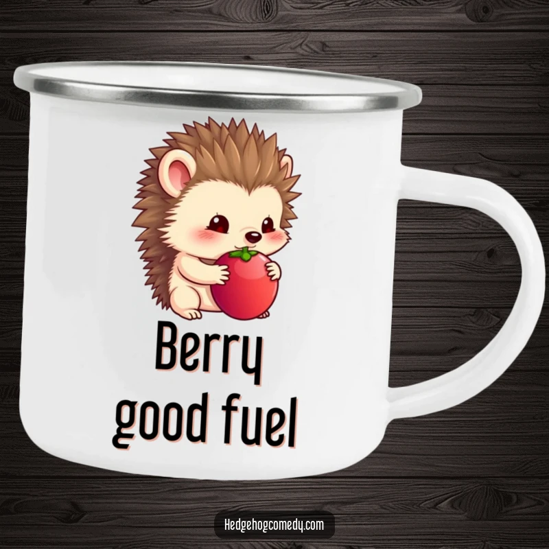 Funny camping mug featuring a timid hedgehog holding a large berry under its chin.