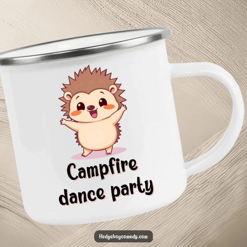 Funny Kawaii Hedgehog Camping Mug: A cute hedgehog wiggles its quills while performing a silly dance on this outdoor mug.