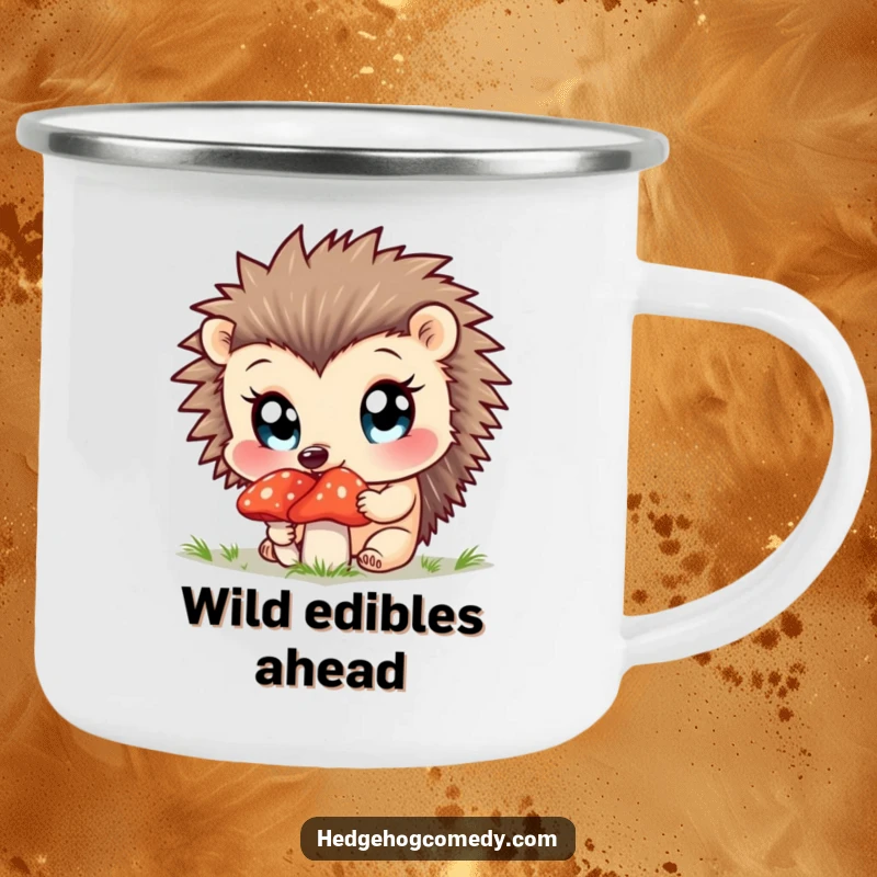 Funny camping mug featuring a curious hedgehog sniffing a mushroom, wide bright eyes.