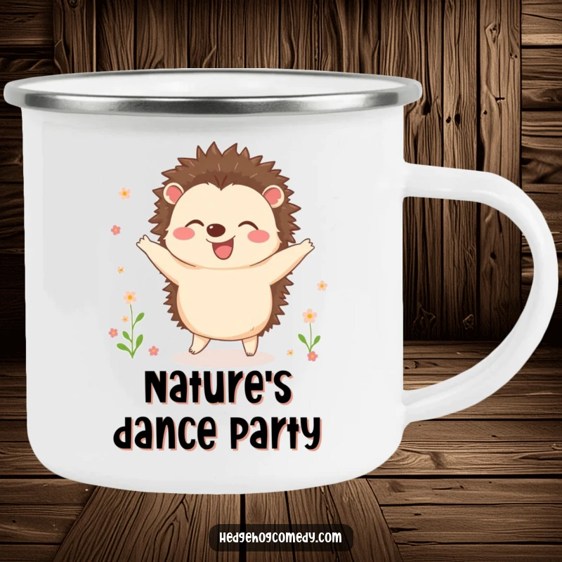 Funny camping mug showing a joyful hedgehog dancing among blooming flowers, perfect for enjoying drinks during outdoor escapades.