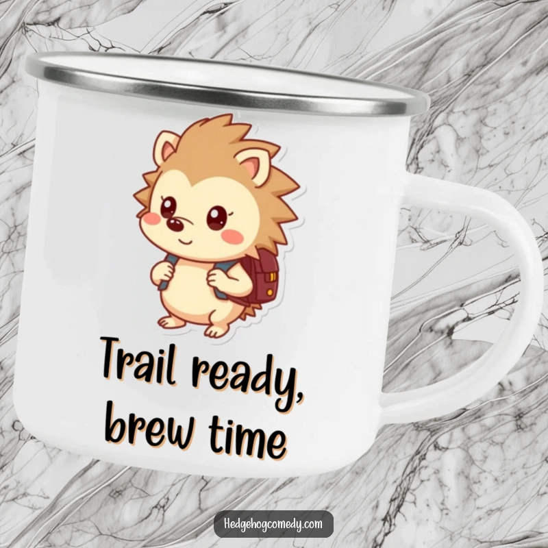 Funny, durable camping mug with a curious hedgehog and backpack, designed for outdoor enthusiasts and adventurers.