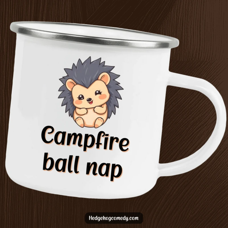 Funny camping mug design of a hedgehog in a cute, round, happy ball. Durable and humorous for outdoor use.