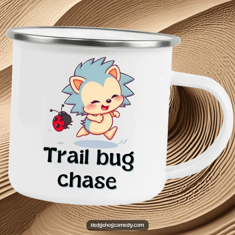 Funny Hedgehog Camping Mug: Energetic hedgehog enthusiastically chasing a ladybug, perfect for humorous outdoor enjoyment.