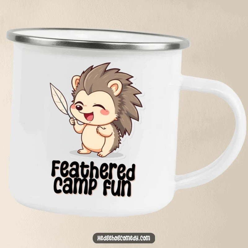 Funny Hedgehog Camping Mug: Adorable hedgehog giggling while a feather tickles it, perfect for humorous outdoor enjoyment.