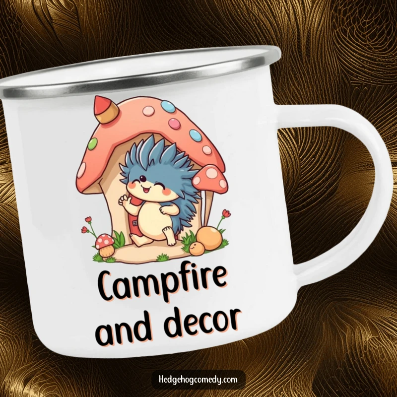 Funny camping mug featuring an excited hedgehog decorating a mushroom house, bringing whimsy to outdoor adventures and crafts.
