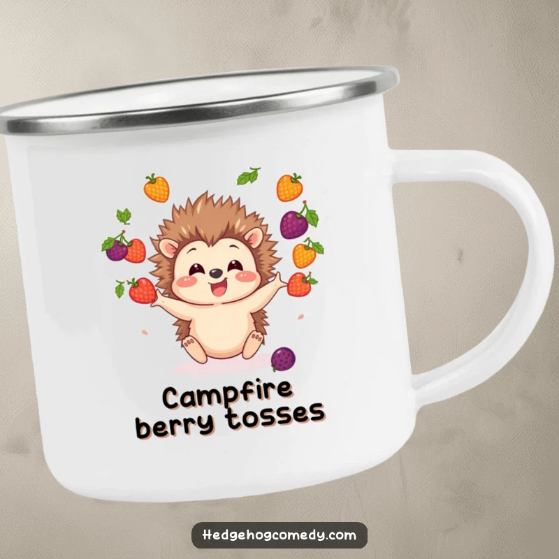 Funny Hedgehog Camping Mug with a happy hedgehog character juggling colorful berries, ready for outdoor enjoyment.