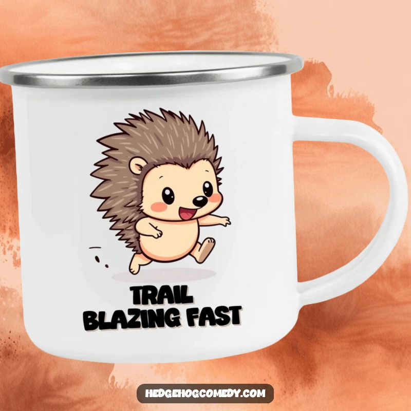 Funny Hedgehog Racing Camping Mug: Cute hedgehog with blurred legs, determined and ready for outdoor activities and warm drinks.