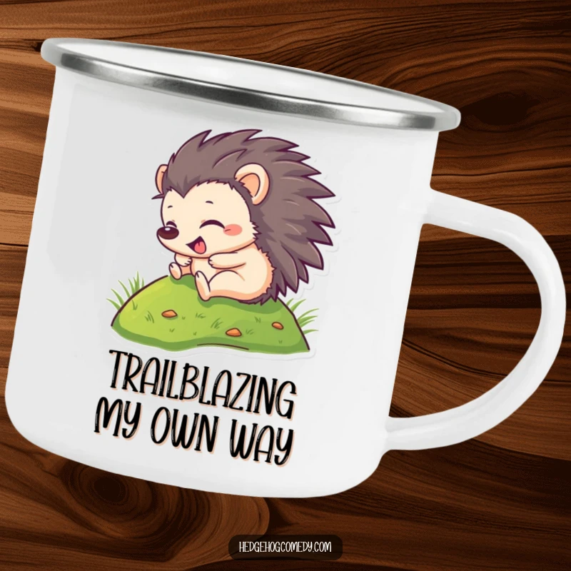 Funny Camping Mug: A hedgehog gleefully rolls down a hill, perfect for outdoor laughs and warm drinks. Rugged fun.