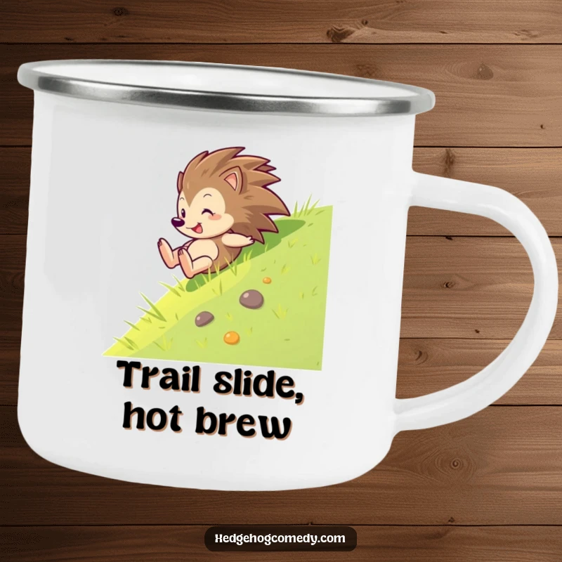 Funny camping mug featuring a hedgehog sliding down a grass slope with glee, bringing excitement to outdoor breaks.
