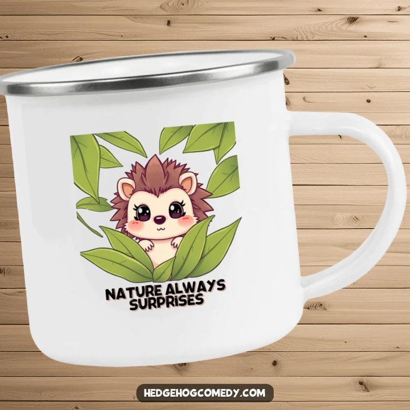 Funny hedgehog peeking from leaves with a surprised expression on an enamel camping mug, perfect for outdoor humor.