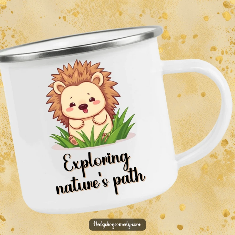 Funny hedgehog happily waddling through green grass on an enamel camping mug, perfect for outdoor cheer.