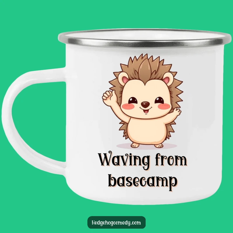 Funny Hedgehog Waving Camping Mug: Campfire Greetings with a Friendly Wave!