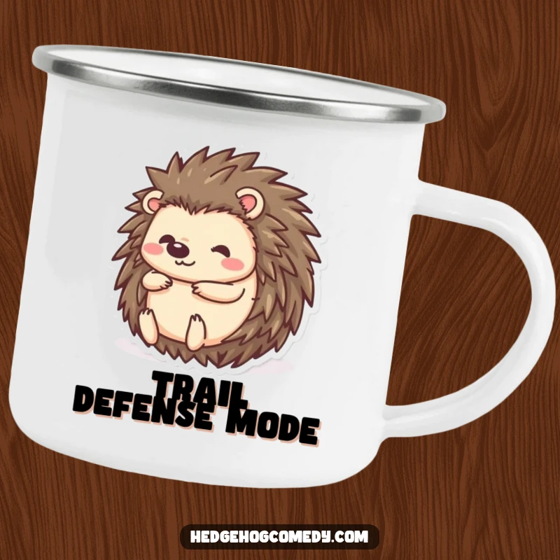 Funny kawaii hedgehog camping mug, rolling into a ball, a cute and shy character enjoying the outdoors.