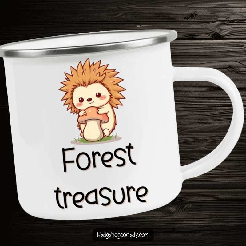 Funny Kawaii Hedgehog Camping Mug, balancing a mushroom on its quills, ideal for outdoor adventures and humorous nature appreciation.