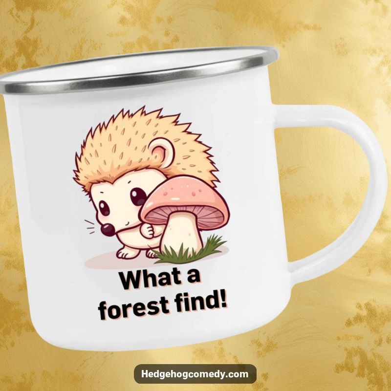 Funny Kawaii Hedgehog Camping Mug: Curious mushroom sniffing with innocent eyes, a cute and funny companion for the outdoors. Perfect funny gift.